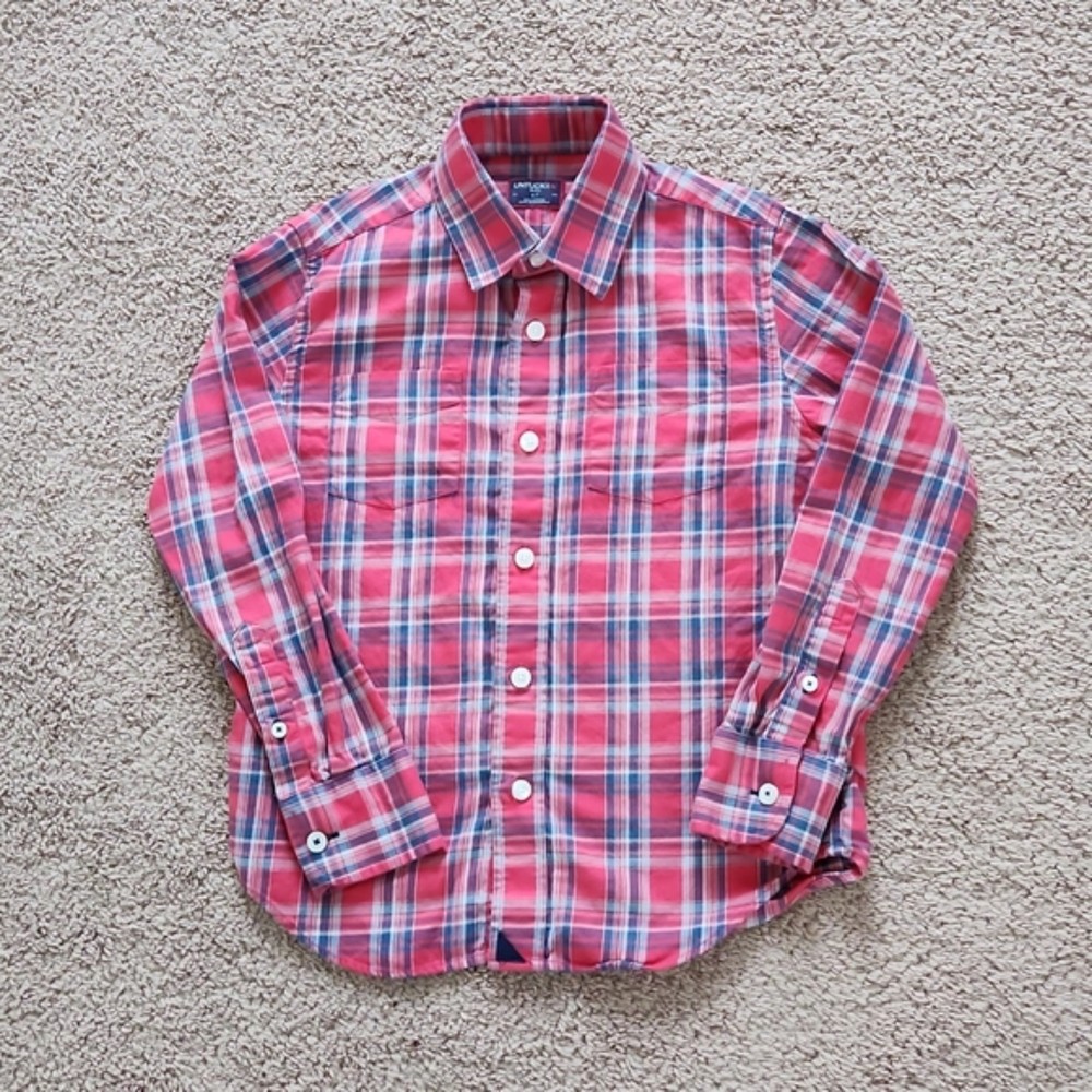 Untuckit Boys Cotton Long Sleeve Button Down Shirt, Red/Blue, Size 6-7